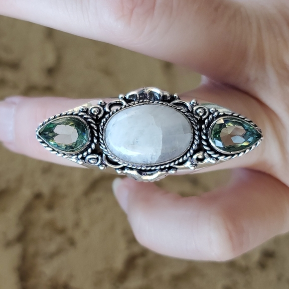 New Rainbow Moonstone & Green Amethyst 925 Silver Statement Ring. - Picture 7 of 15